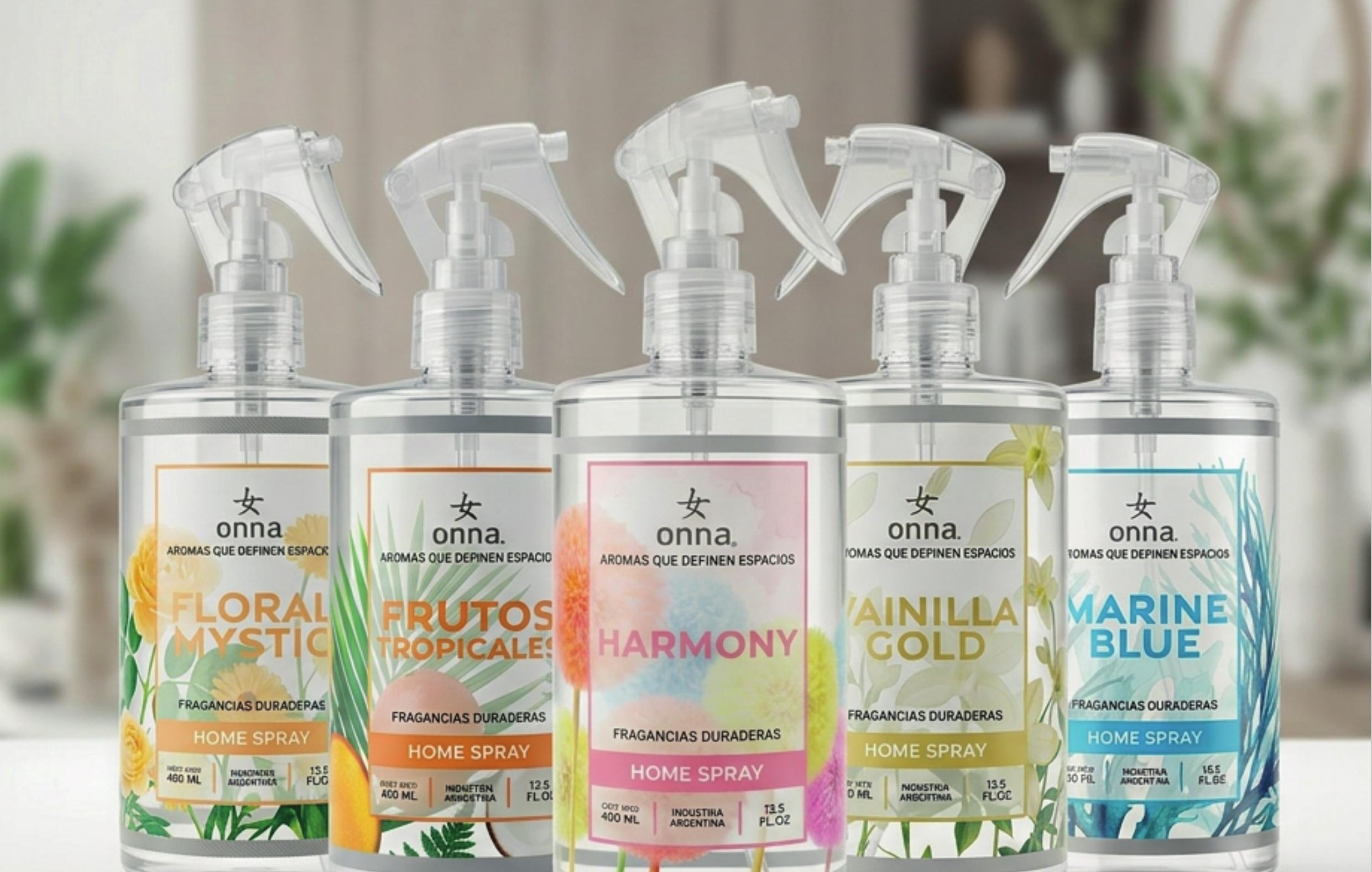 Fragancias ONNA Home Spray — Floral Mystic, Frutos Tropicales, Harmony, Vainilla Gold y Marine Blue